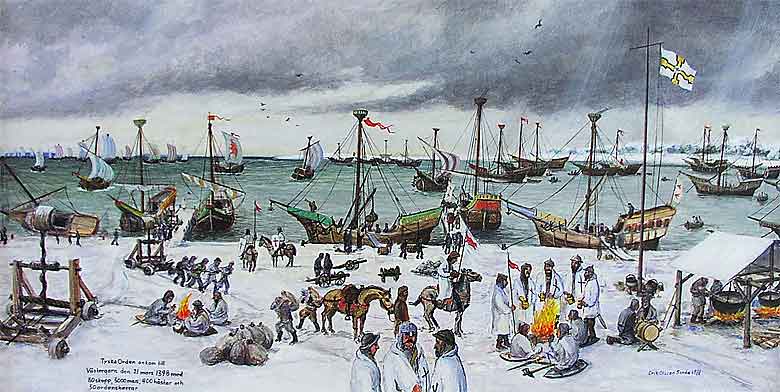 Tavla av Erik Olsson, Sanda: Tyska ordern ankom till Västergarn den 21 mars 1398 med 30 skepp, 5000 man, 400 hästar och 50 ordensherrar